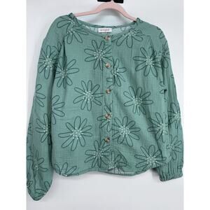 Cat & Jack Girls Size M (7/8) Green Floral Button Long Sleeve 100% Cotton Blouse